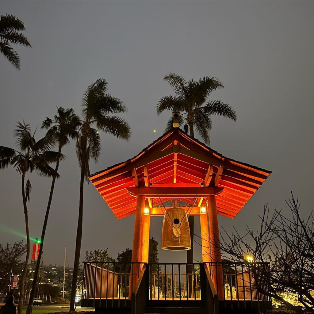 japanese friendship bell in shelter island at night