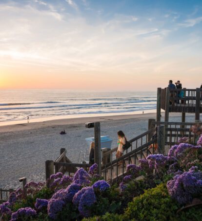 Beach stairs going down to access beach with a sunset view