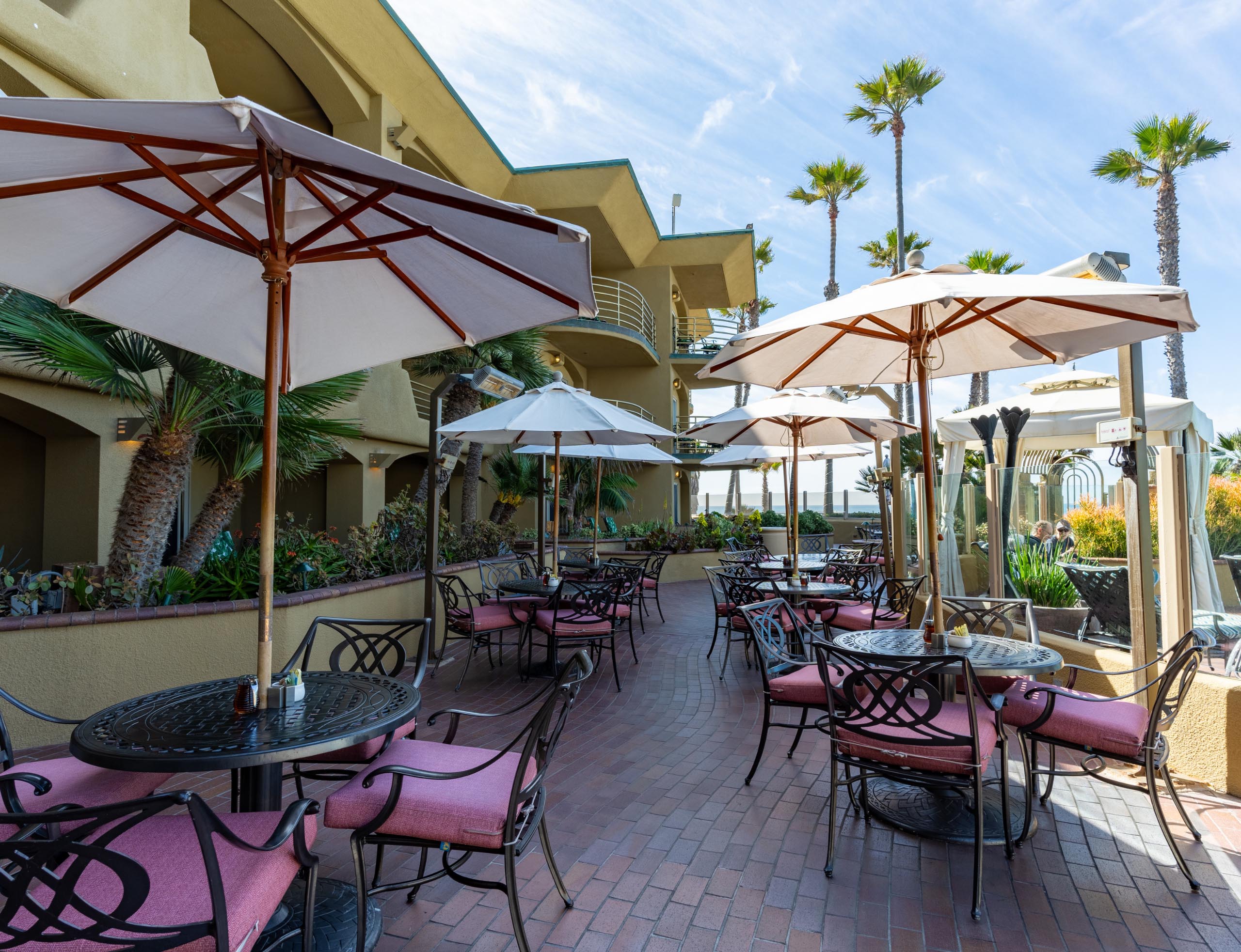 Chair, tables, and umbrellas