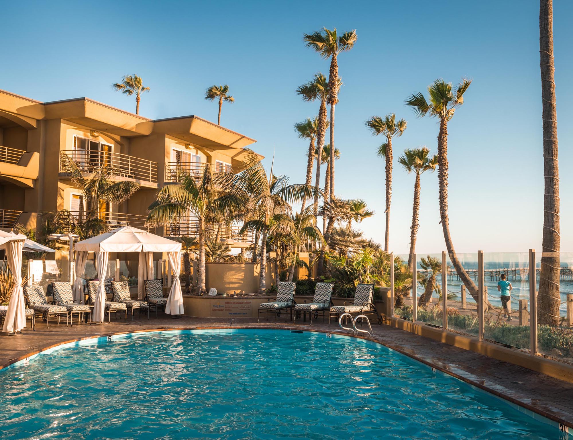 Hotel building, pool and sky view