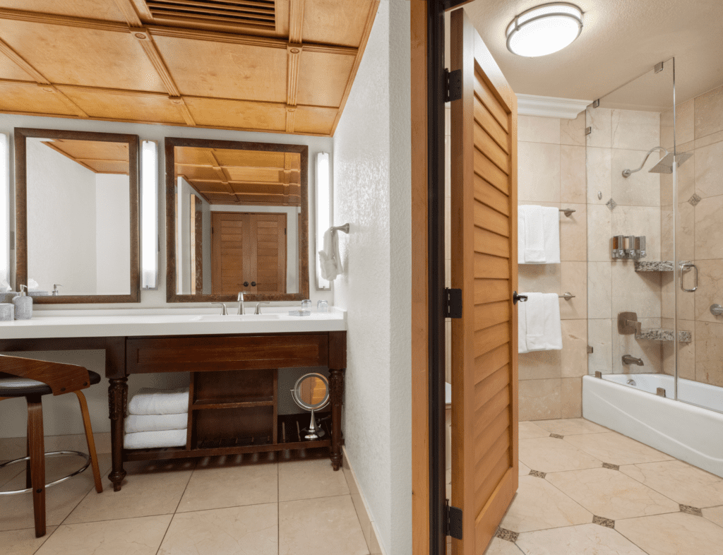 Bathroom vanity entrance into shower
