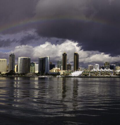 San Diego Skyline with storm clouds and a rainbow