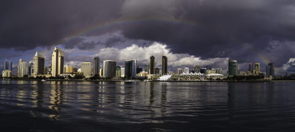 San Diego Skyline with storm clouds and a rainbow