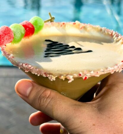 someone holding drink in front of pool