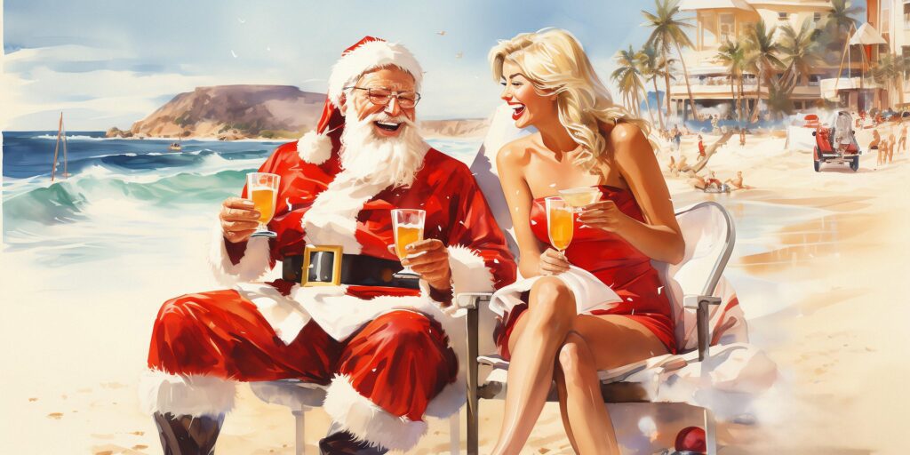 santa with beer on the beach