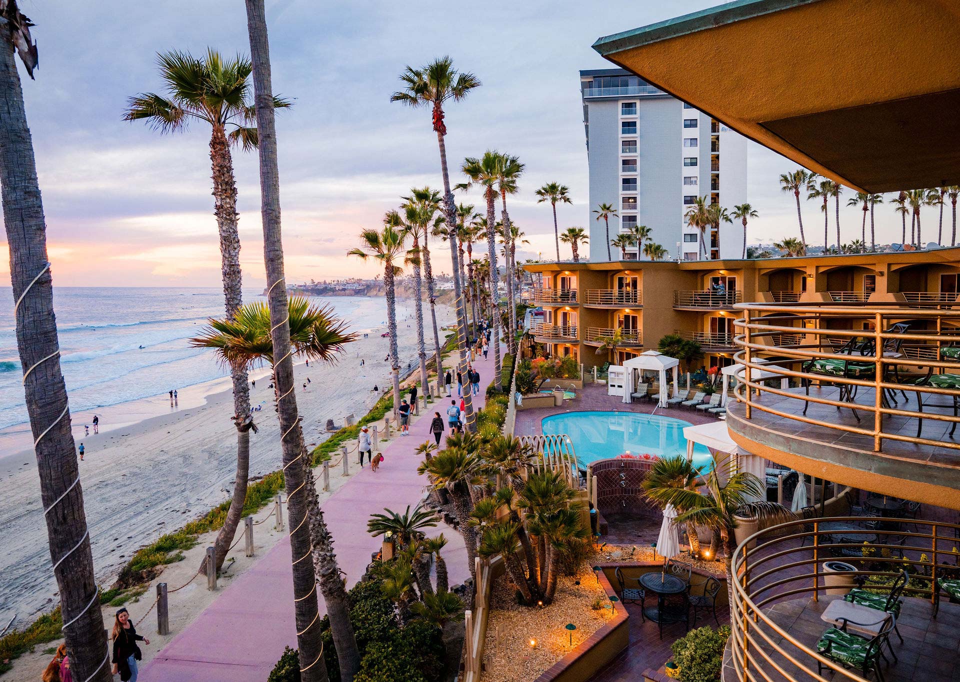 Pacific terrace hotel balcony view of the boardwalk and beach